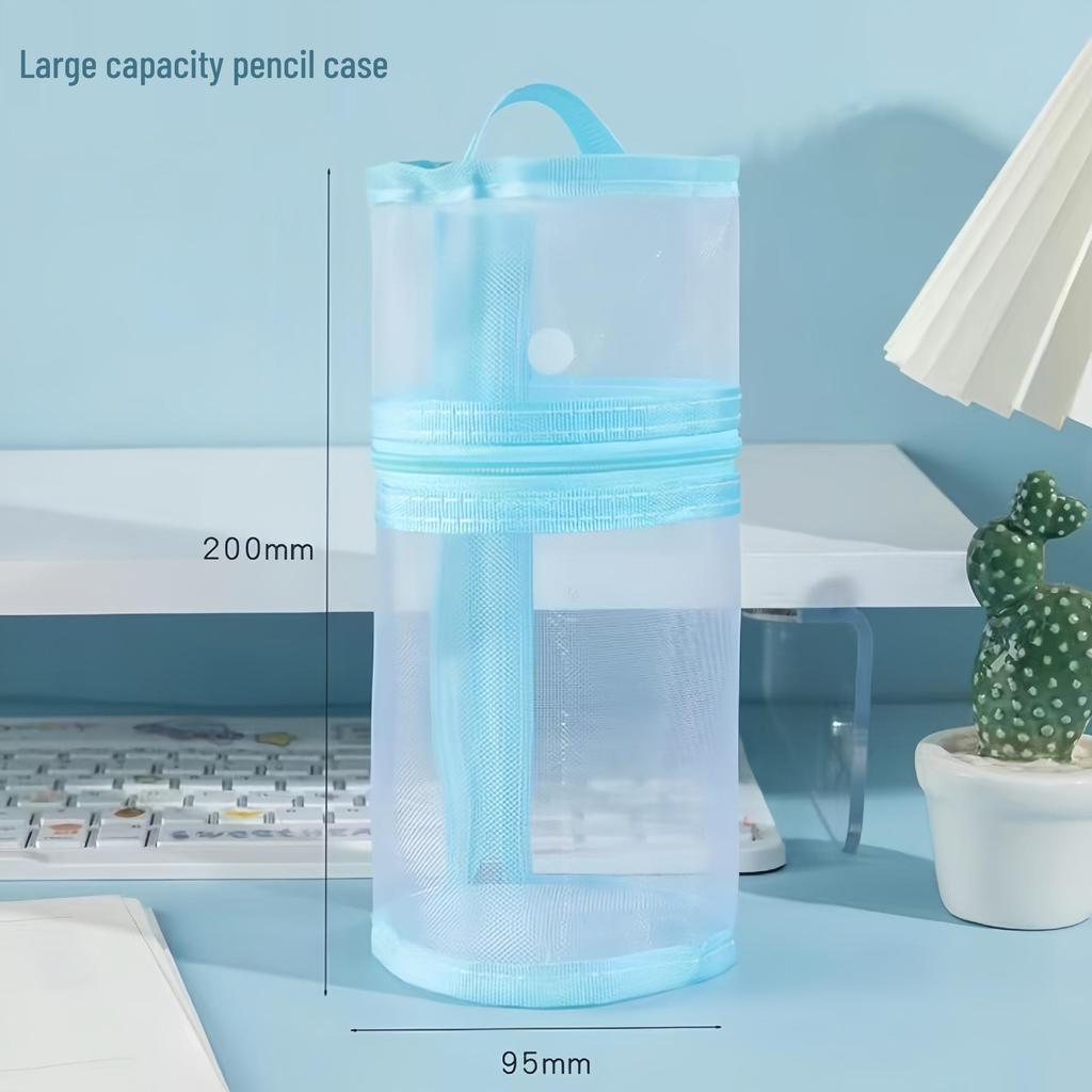 Transparent Two-Way Cylindrical Mesh Pen Holder & Pencil Case
