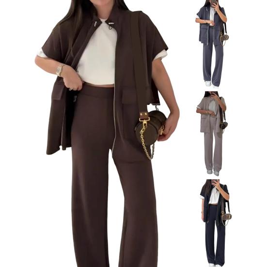 Women's Two Piece Outfit Casual Full And Wide Leg Pants Short Sleeve Shirt Set Casual