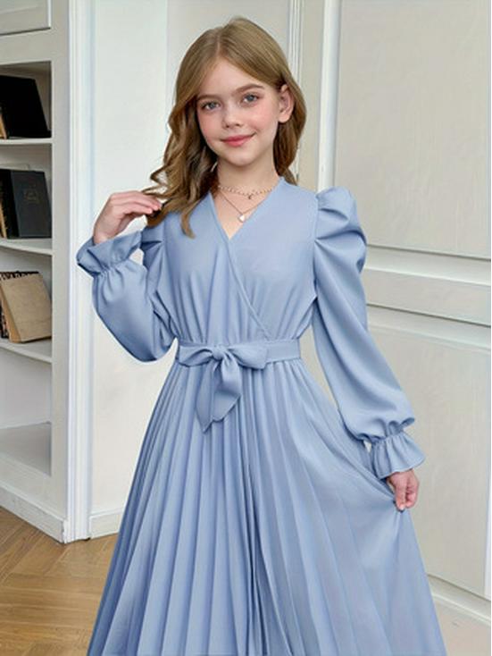 Girls' Retro Elegant Lantern Sleeve Dress with Pleated Skirt and Decorative Belt