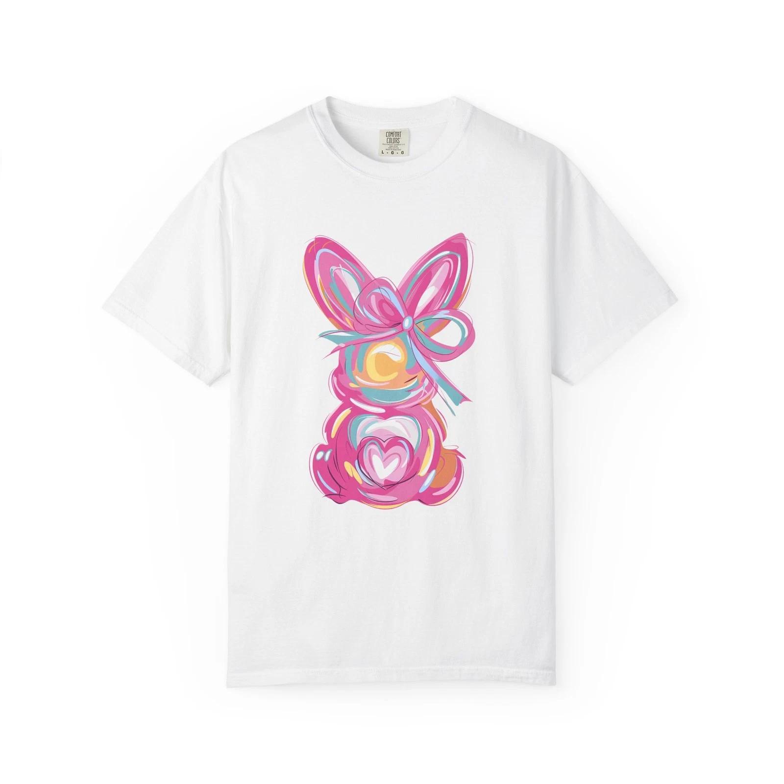 Pastel Ribbon Bunny T-shirt | Pink Neon Bunny Illustration M