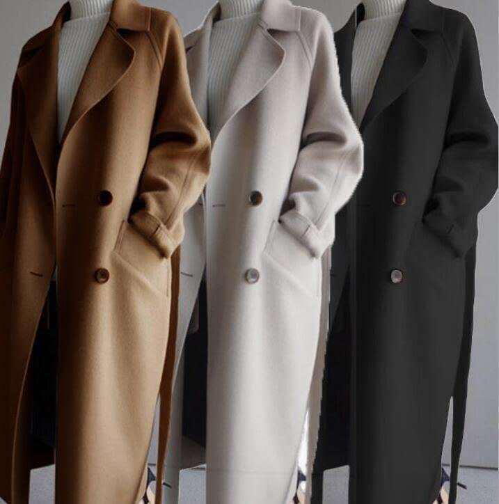 Korean Style Women's Long Tie-Waist Wool Coat