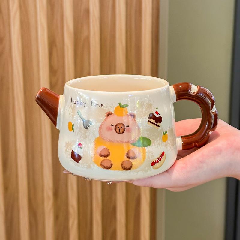 ins high-value cute kapibara kettle boy and girl couple ceramic mug with lid spoon birthday gift