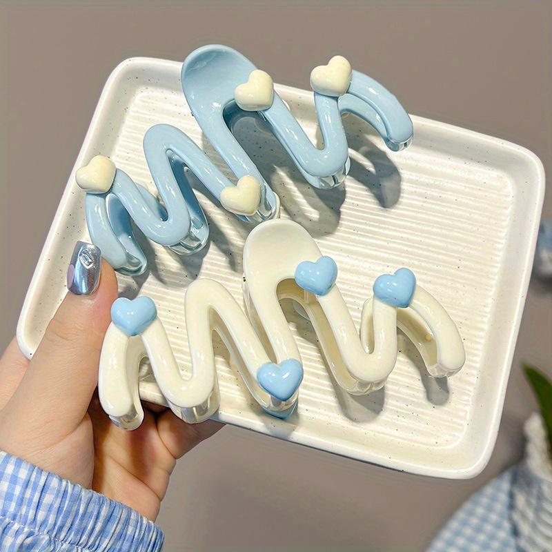 Women'S Solid Color Blue Elegant Simple Love Wave Large Hair Claw Clip for Daily Hair Organization, Sweet Style, Best Gift