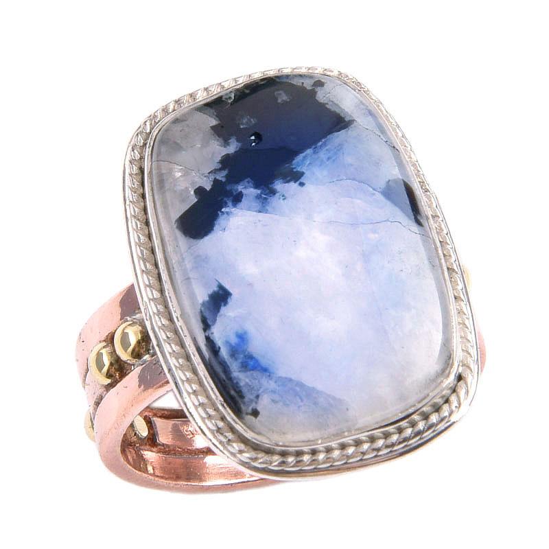 Natural Rainbow Moonstone Gemstone 925 Sterling Silver Two Tone Ring Size 8 s8P16