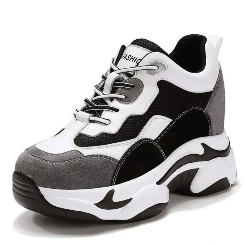 

Модные 9 см Модные кроссовки смешанных цветов Весенние повседневные кроссовки Женские увеличивающие рост Дышащие туфли из воздушной сетки Женские массивные туфли на платформе 39 чёрный