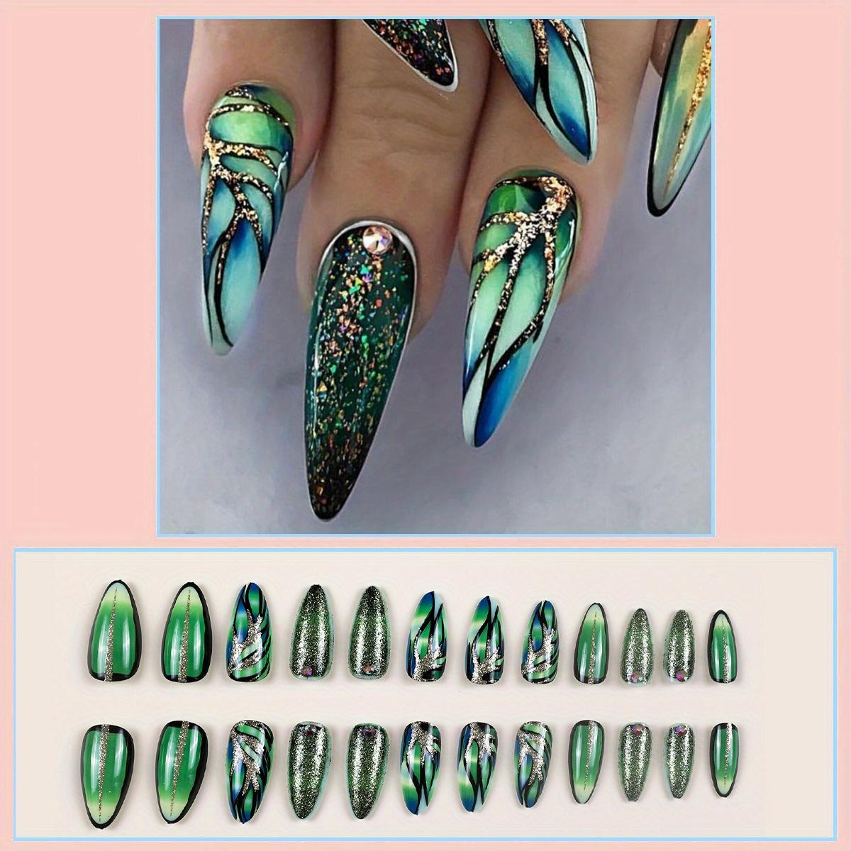 

24 шт. глянцевых длинных накладных ногтей-стилетов, омбре, зеленые накладные ногти с блестящими полосками, сверкающие накладные ногти с полным покрытием для женщин и девочек Imported ABS