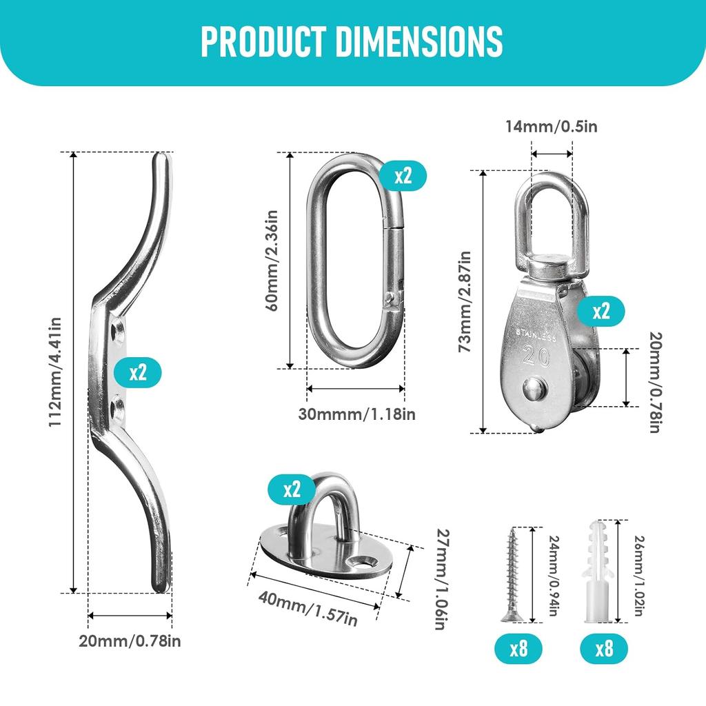 Stainless Steel Washing Line Pulley System Heavy Duty Pulley Wheel Set with Nylon Rope, Cleat Hooks, 360° Swivel Pulley Block for Indoor Outdoor