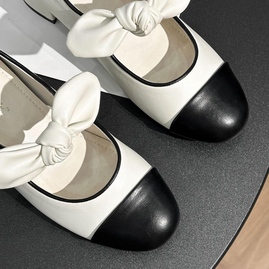 Sheepskin~ inner height increase thick heel single shoes women's height increase 7cm bow color matching round head high heel small fragrant Mary J