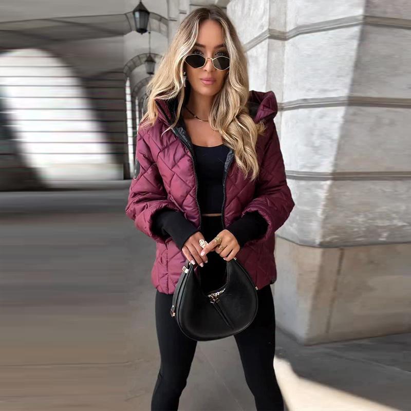 Autumn and Winter New Fashion Trend Diamond-shaped Pressure Grid Loose Hooded Cotton-padded Warm Jacket