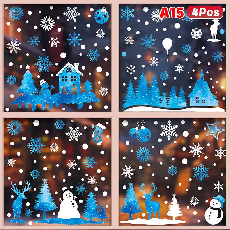 Weihnachtsfensteraufkleber Blauer Elch Statische Aufkleber Schneemann Schneeflocke Wandaufkleber Abziehbilder Frohe Weihnachten Feiertagsparty Aufkleber