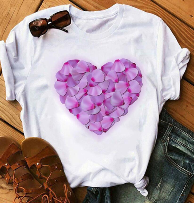 Women's Round Neck White Short-sleeved T-shirt Fashion Printed Valentine's Day Base Shirt Aesthetic Clothes Summer Polyester