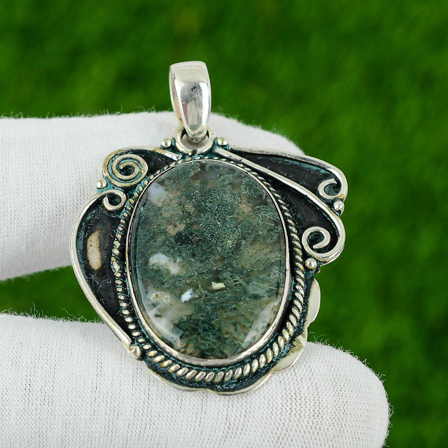 Natural Solar Moss Agate Gemstone Pendant 925 Sterling Silver Indian Jewelry