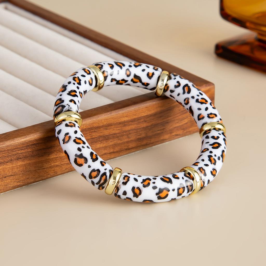 Vintage Stackable Acrylic Bracelets for Women Bohemian Round Retro Tube Beaded Bracelet Bangles Leopard Resin Elastic Bangle  Jewelry Gift
