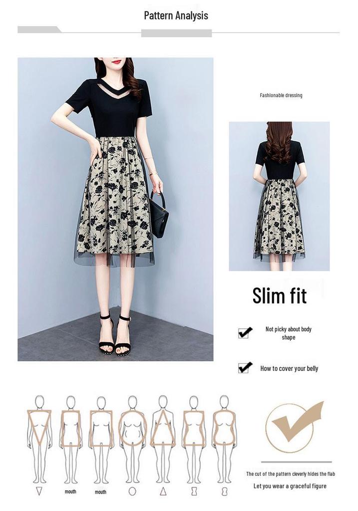 2026 Summer Plus Size Women's Mesh Embroidered Short-Sleeved Slimming Dress