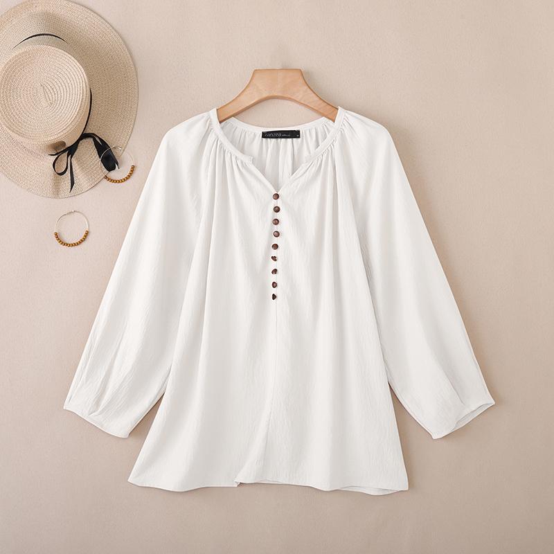 ZANZEA Women Casual V-Neck Solid Color Loose 3/4 Sleeve Blouse