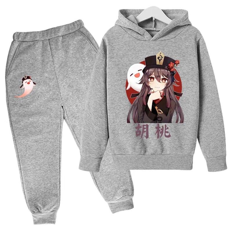 Anime Game Genshin Impact Printed Boys Girls Tracksuit Sets HuTao Pattern Hoodie + Pants 2pcs Sets Fashion Casual Unisex Clothing Children's Set
