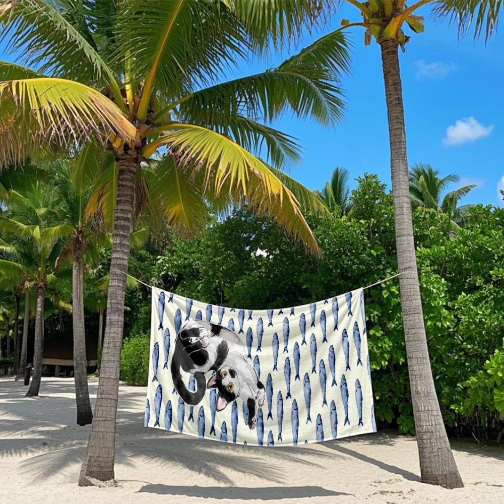 Cat and Fish Fun Quick Drying Bath Towel Microfiber beach towel - light weight swimming camping  yoga beach out
