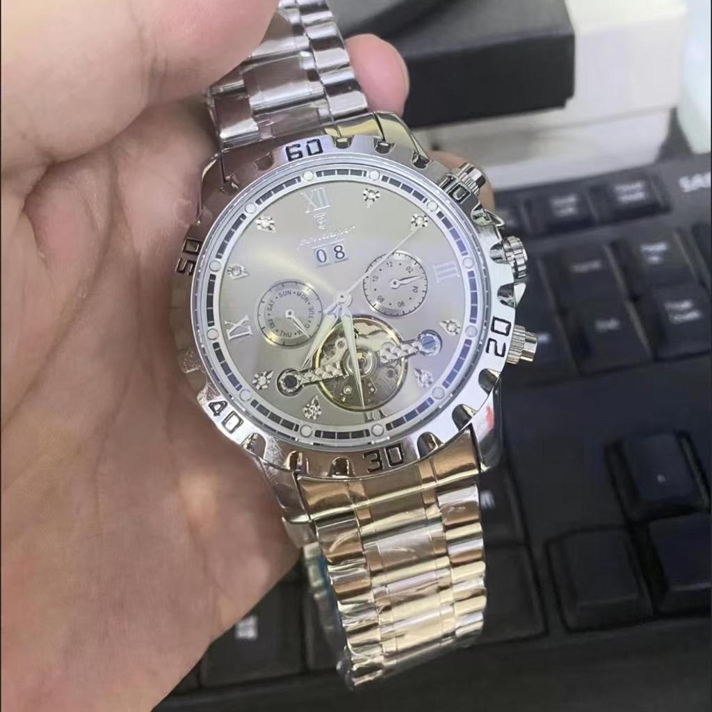 POEDAGAR Top Luxus Herrenuhr Automatisch Datum Woche Herren Armbanduhr Hohl Tourbillon Mechanisch Edelstahl Herrenuhr
