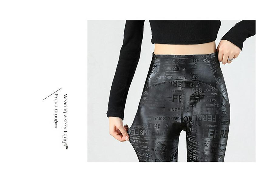 Women's High Waist Black PU Leather Motorcycle Pants, Winter Plus Size Elastic Pencil Leggings with Velvet Lining