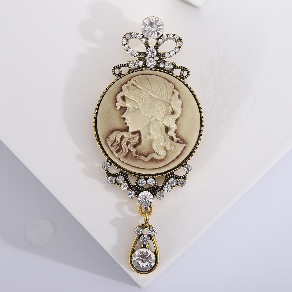 Vintage Lady Head Badge for Women Rhinestone Classic Girl Figure Party Office Brooch Pin Jewelry Gift