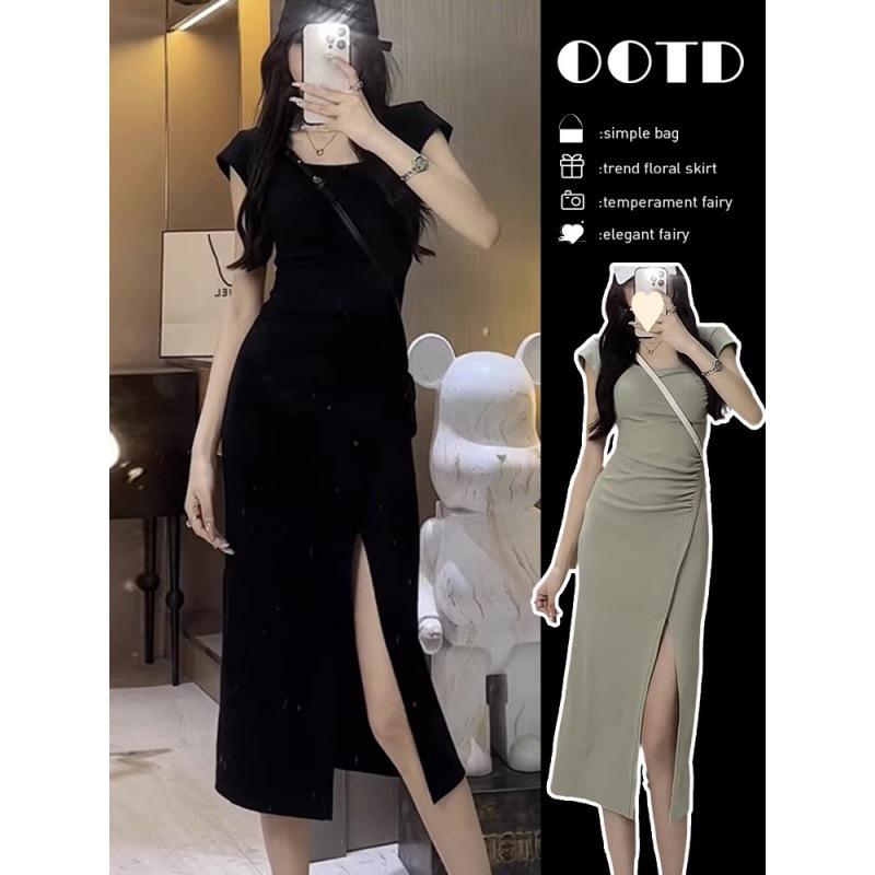 

Women s Black Square Collar Slit T-Shirt Dress - Slimming Mid-Length Summer 2025 Design Extra Large