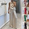 Women Two Piece Lounge Set 2 Satin Outfits Halter Neck Sleeveless Top And Casual Loungewear Wide Leg Pants Vocation Comfortable