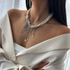 Fashionable Tassels Heart Pendant Necklace with Imitation Pearls and Metal Chain Modern Necklace Present for Women