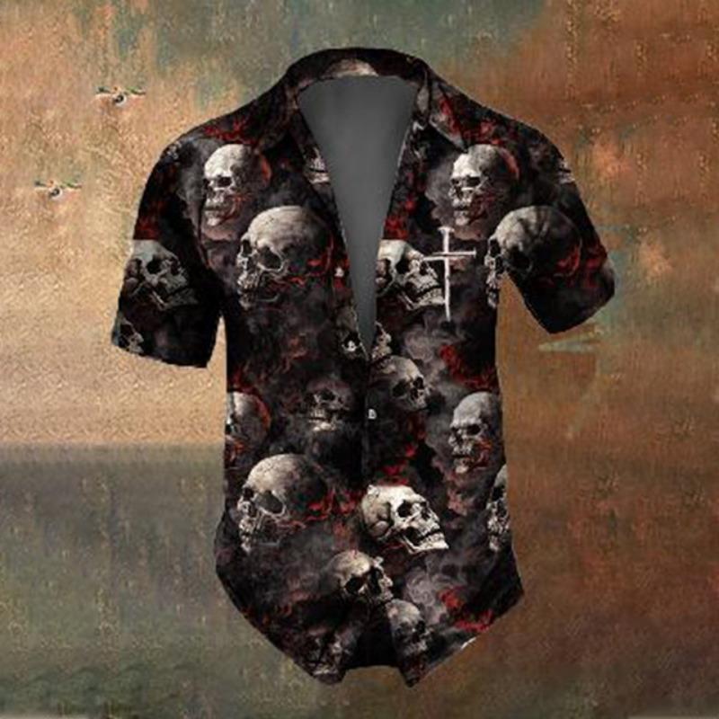 

Летняя мужская рубашка с коротким рукавом с рисунком черепа, уличные модные топы, мужская повседневная рубашка большого размера с рисунком розы и черепа XL