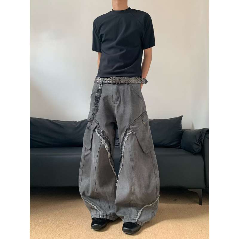 JYL Unisex Wide-Leg Jeans American New Vintage Washed Raw Edge Loose Bootcut Denim