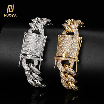 NUOYA 15mm Iced Out CZ Diamond Cuban Link Chain Bracelet with Secure Box Clasp Silver Plated Trendy Rapper Jewelry