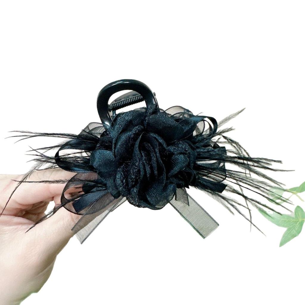 Elegant High-End Black Camellia Feather Hair Claw Clip