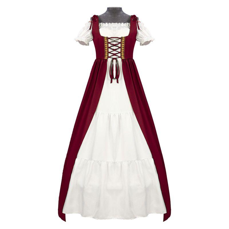 

Women s Medieval Renaissance Costume Corset Long Dress Medieval Flared Sleeve Square Neck Lace-Up Long Dress A370 Red Short Sleeves L