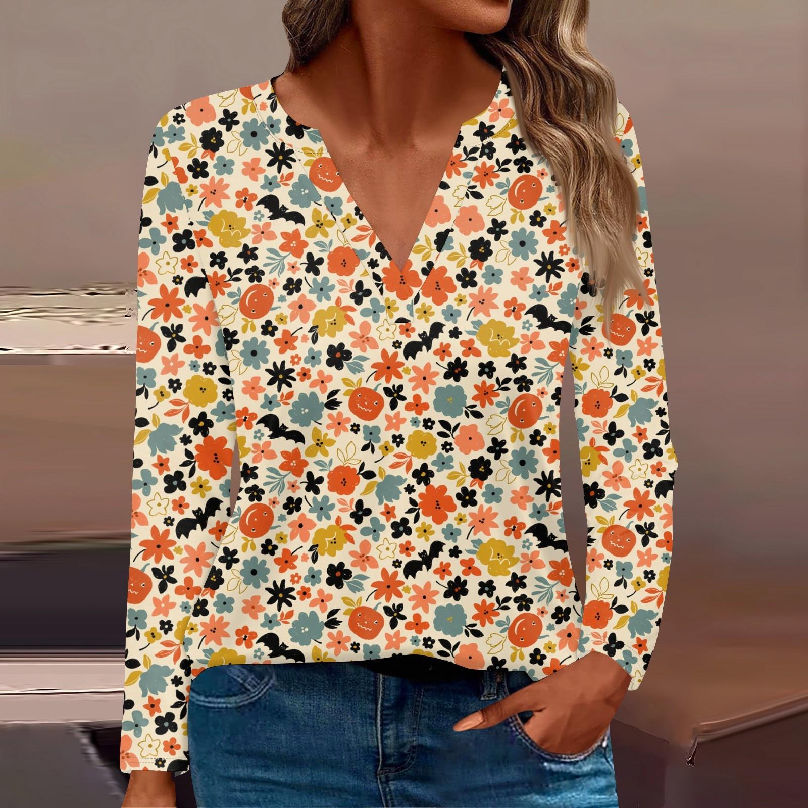 

Женская мода с длинным рукавом V-образным вырезом и принтом на Хэллоуин в стиле кэжуал XL жёлтый