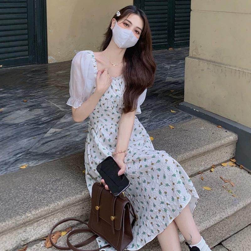 Bubble sleeve floral dress summer Japanese and Korean small fragrant style splicing square neck short sleeve waist medium and long A-shaped skirt