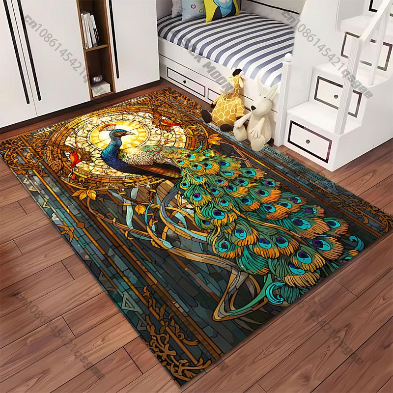 Radiant peacock vibrant stained glass carpet Yoga living room room decor children's crawling mat doormat area rug