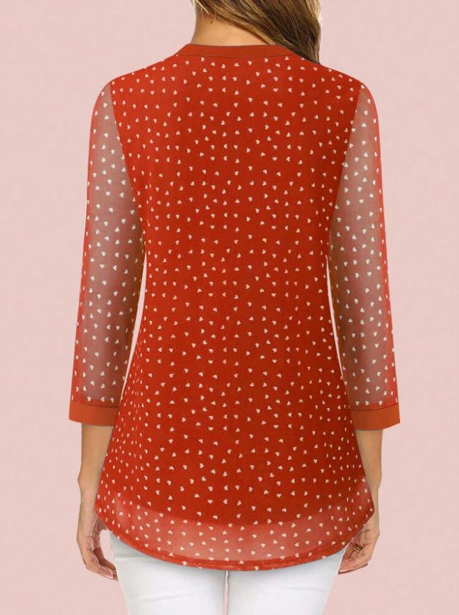 Women's European & American V-neck 3/4 Sleeve Printed Chiffon Loose Plus Size Top