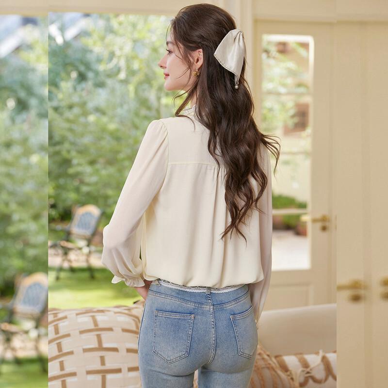 Women's Elegant Lace Beaded Long Sleeve Blouse