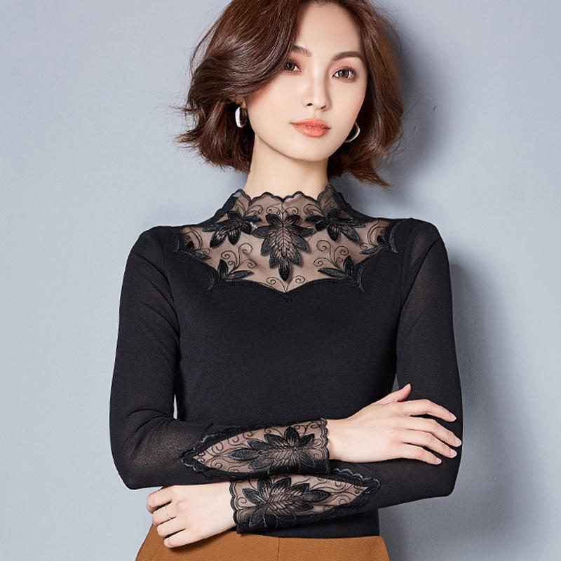 Hollow Out Women Spring Autumn Style Lace Blouses Shirts Casual Long Sleeve Patchwork Spliced Turtleneck Blusas Tops