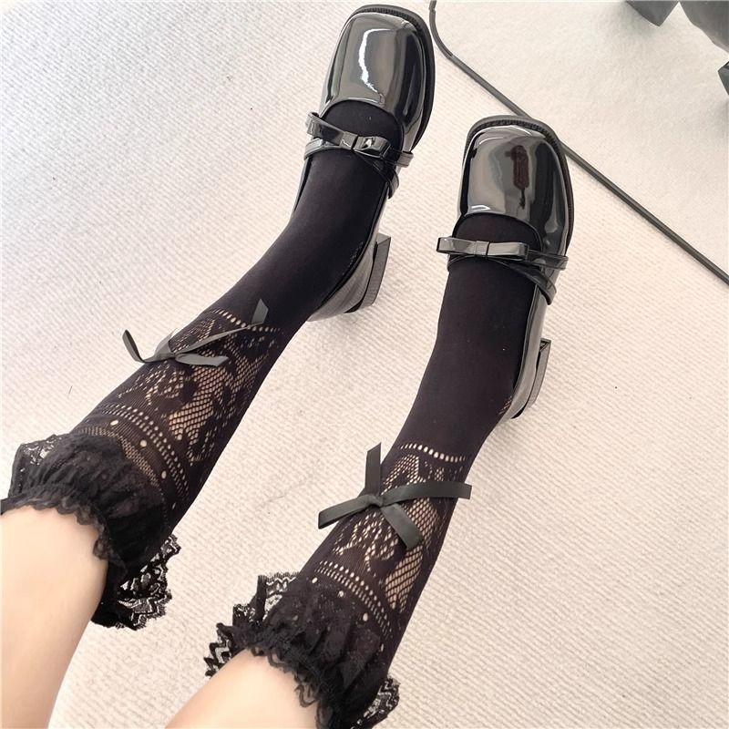 Spitzenbesatz Schleife Mädchenhafte Kniehohe Socken Japanischer Stil Lochmuster Ballett-Inspirierte Waden Stulpen Socken Doppeltrage-Design