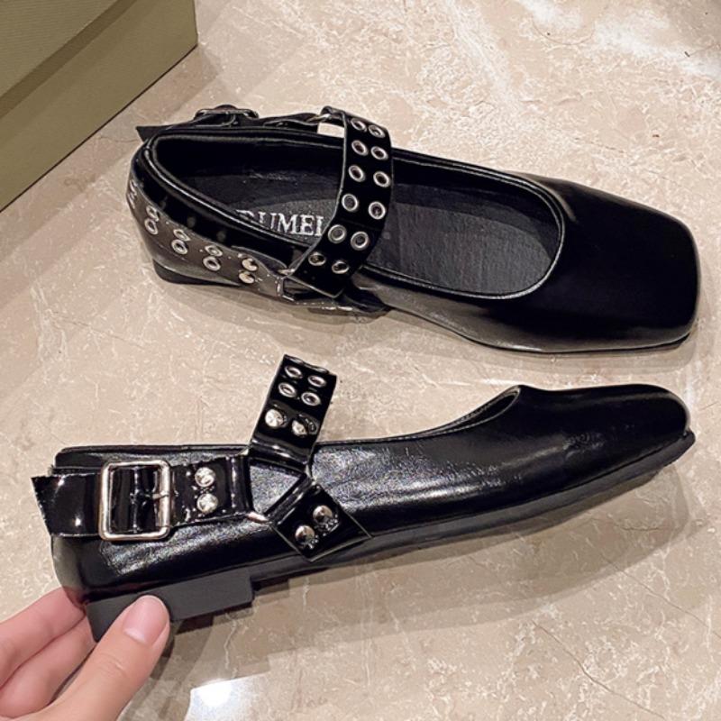 

Single Shoe Spring New Square Head Shallow Mouth Leather Rivets Metal Buckle Soft Sole Anti-slip Wear-resistant Flat Shoes 40
