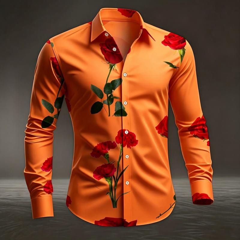 Men's Red Rose Printed Long Sleeved Shirt with White Casual Button Up Top for Romantic Occasions