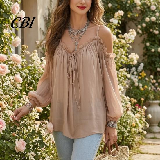 Top Comodi Taglio Ampio Top da Donna, Camicia a Maniche Lunghe Puff, Pullover Sling Senza Spalle Camicia Casual Leggera Blusa Monocolore per
