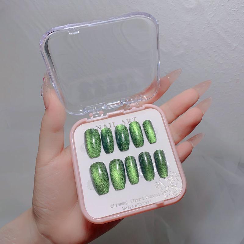 Green Cat Eye Fake Nails, Reflective Glitter Nail Design, Gloss Glue Nails, Fully Covered Short Square Fake Nails, Suitable for Women and Girls