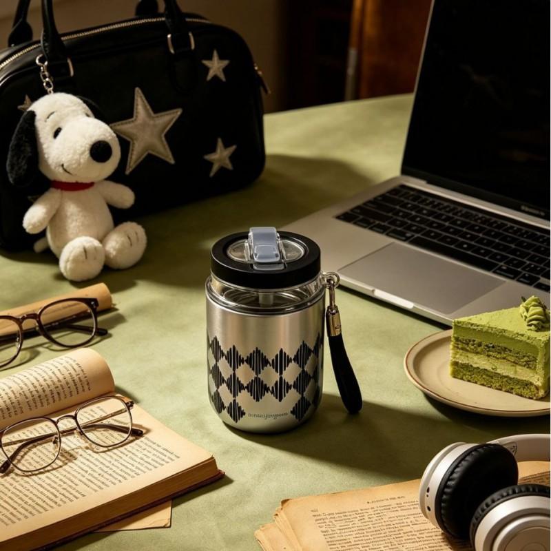 Stainless Steel Insulated Travel Mug Women 250ml Double Wall Vacuum Flask With Strap Straw Modern Minimalist Office Home