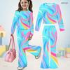 Girls Printed Round Neck Long Sleeve Crop Top Flared Pants Two Piece Set