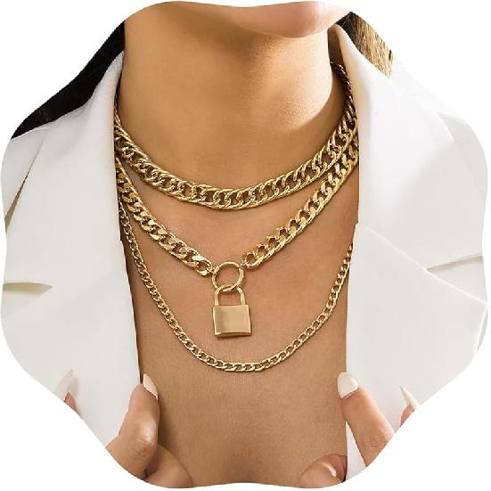 Jumwrit Chunky Chain Necklace Punk Layered Choker Necklaces Cuban Link Chain Necklace with Lock Pendant Necklace Statement Necklace for Women and