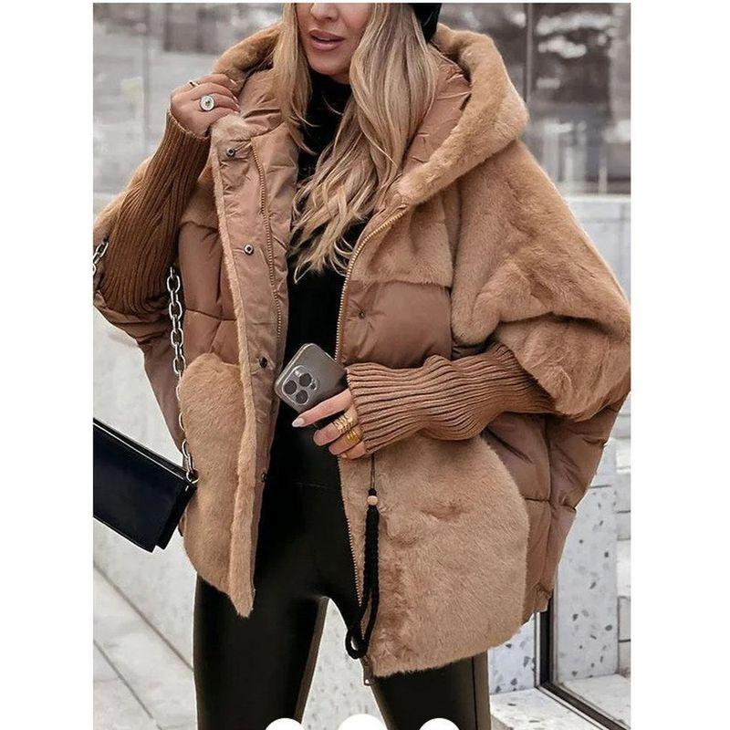 Cross-Border European and American Amazon Autumn and Winter Women New Loose Hood Stitching Sleeves down Jacket Cotton-padded Clothes Outerwear Coat