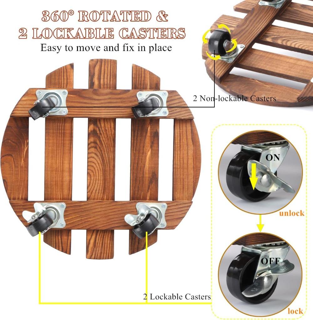 Plant Caddy with Wheels Rolling Plant Stand 220LB Heavy Duty Wooden Round Pot Trays with 360° Meta Wheels Flower Pots Dolly