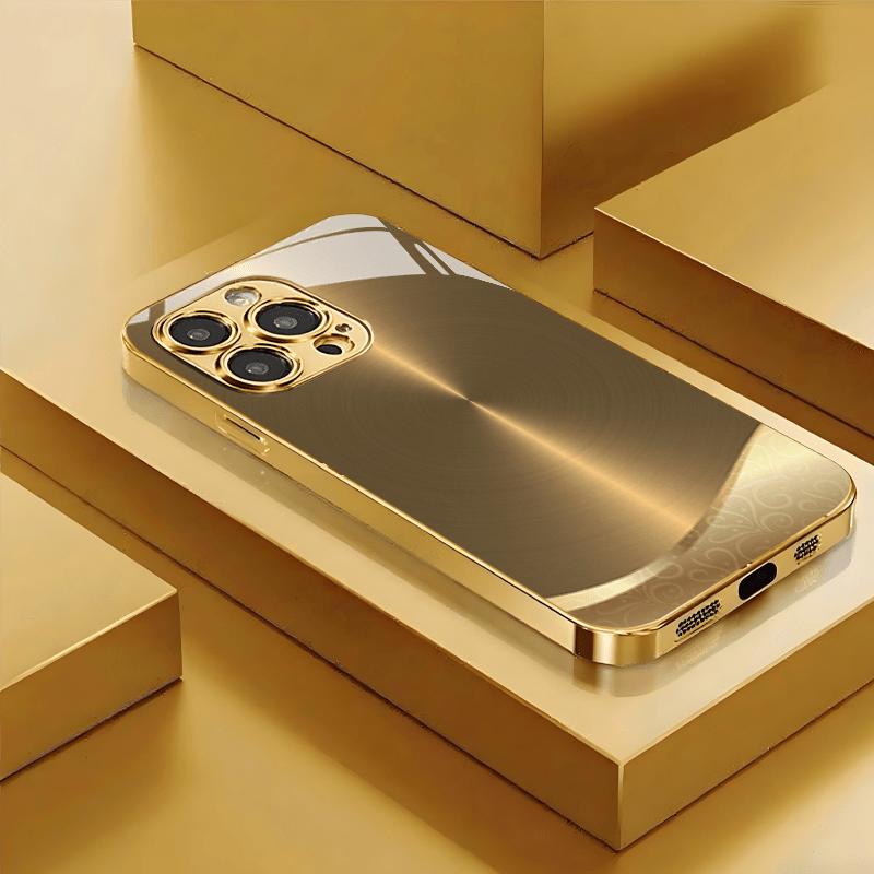 Golden metal brushed pattern straightedge trendy electroplated gold glass case For iphone 17 16 15 14 13 12 11 Pro Promax Plus