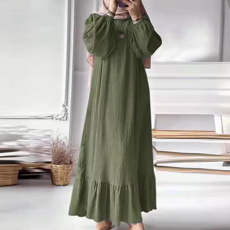 In-Stock Pleated Vintage Muslim Women's Robe with Puff Sleeves and Pocket Hem Ruffle Dress